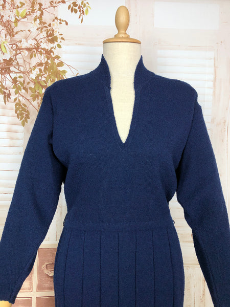 Beautiful Original Late 1940s / Early 1950s Volup Vintage Sapphire Blue Knit Dress By Kims