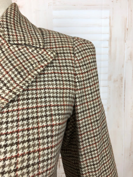 Original 1940s 40s Petite Vintage Brown Double Breasted Houndstooth Wool Coat