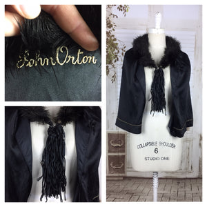 Original 1920s 20s Black Satin Cape With Ostrich Feather Boa And Tassels By John Orton