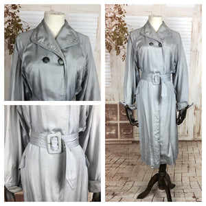 Original 1950s 50s Volup Vintage Grey Double Breasted Silk Cotton Belted Rain Coat Mac