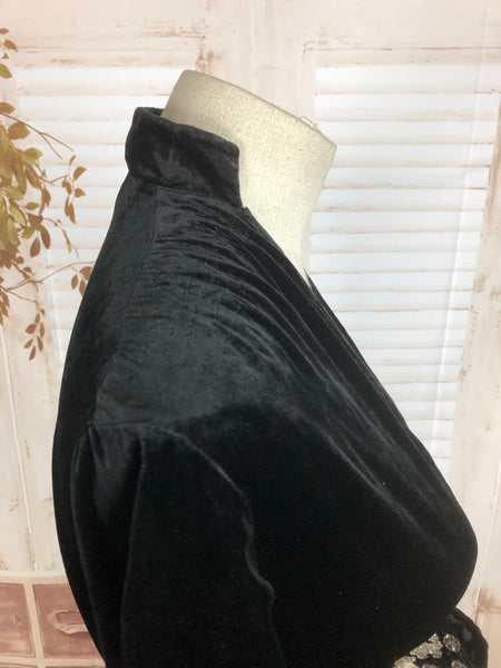Original Vintage 1940s 40s Black Wrap Over Velvet Evening Dress With Glass Bead Belt