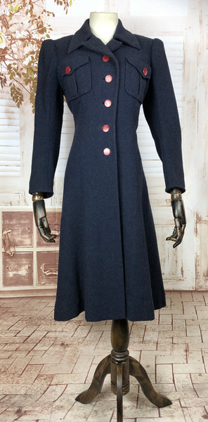 Super Rare Late 1930s / Early 1940s Wartime Vintage Navy Puff Sleeve Coat By Hattie Carnegie