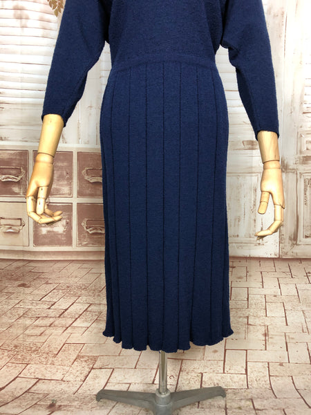 Beautiful Original Late 1940s / Early 1950s Volup Vintage Sapphire Blue Knit Dress By Kims