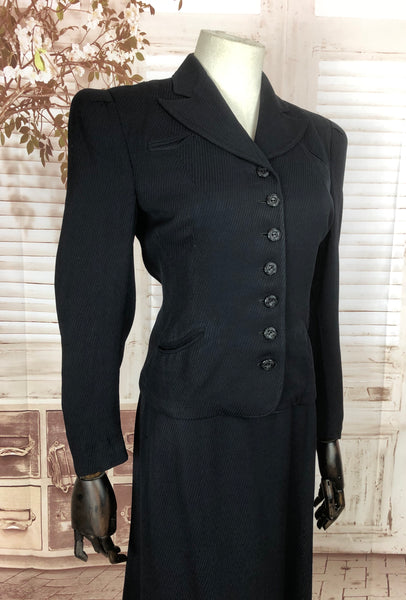 Original 1930s 30s Vintage Navy Blue Cotton Skirt Suit With Diagonal Raised Stripe And Padded Puff Shoulders