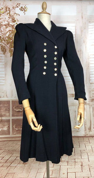 Superb Original Vintage Late 1930s Vintage Navy Blue Double Breasted Fit And Flare Princess Coat