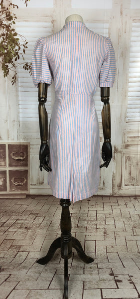 Original 1930s 30s Vintage Pale Blue And Pink Stripe Cotton Day Dress With Puff Sleeves