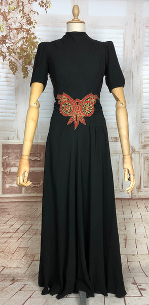 Super Rare Original 1930s Vintage Black Puff Sleeve Old Hollywood Evening Gown With Red And Gold Lamé Appliqué Embroidery By Stamp Taylor