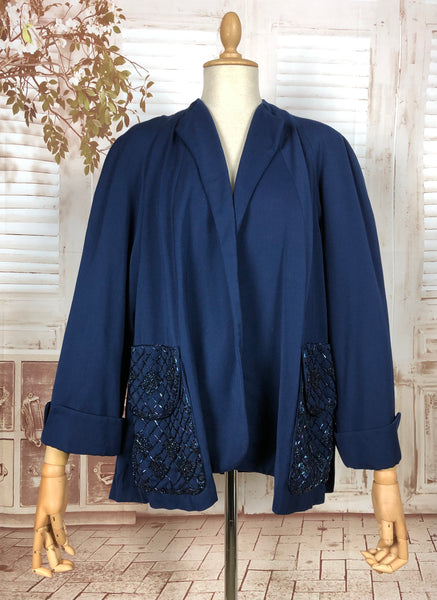 Incredible Original 1940s Volup Vintage Blue Gabardine Swing Coat With Beaded Pockets