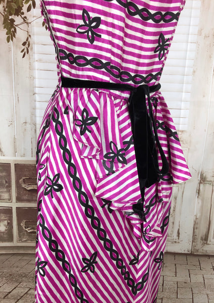 Original 1940s 40s Pink And White Stripe Rayon Dress With Back Bow And Bustle in Schiaparelli Style