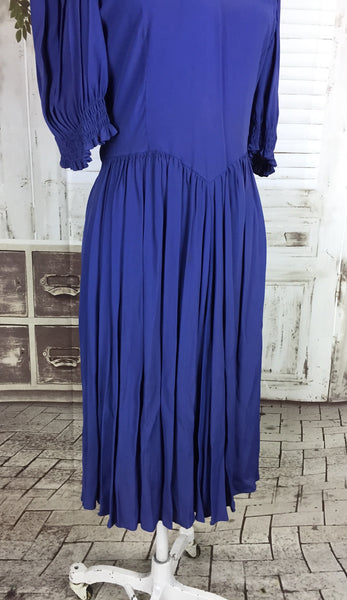 Original 1930s Rayon Crepe Vintage Blue Day Dress