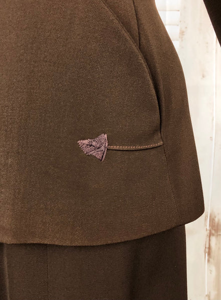 Original Vintage 1940s 40s Brown Gabardine Suit With Arrow Details
