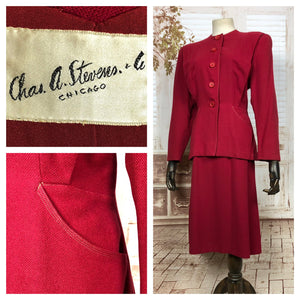 Gorgeous Original 1940s 40s Vintage Lipstick Red Collarless Skirt Suit