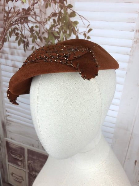 Bronze 1950s 50s Beaded Perched Hat