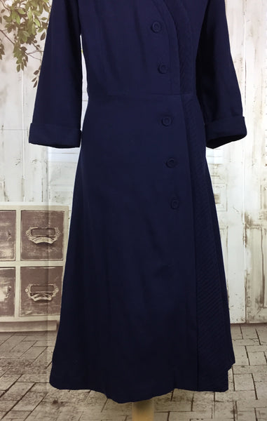 Original 1940s 40s Volup Vintage Navy Blue Wool Asymmetric Pin Tucked Day Dress