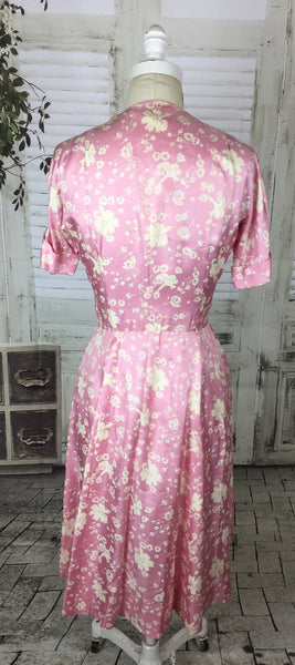 Original 1940s 40s Vintage Pink And Ivory Flower Patter Satin Dress