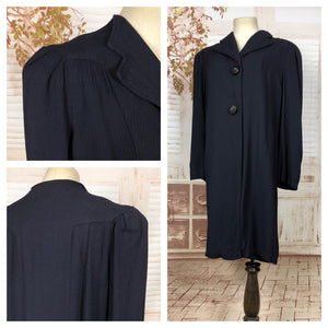 Superb Original Late 1930s 30s Vintage Navy Blue Self Striped Coat With Super Strong Puff Shoulders