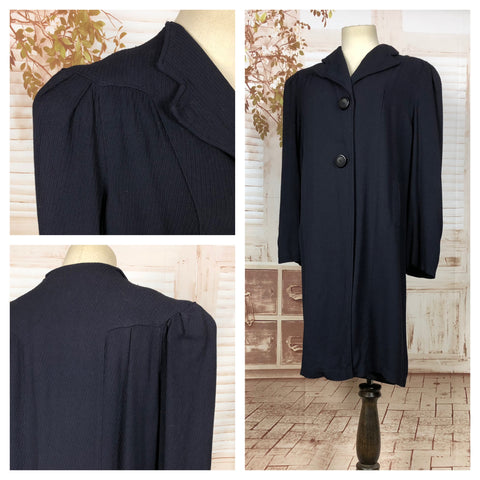 Superb Original Late 1930s 30s Vintage Navy Blue Self Striped Coat With Super Strong Puff Shoulders