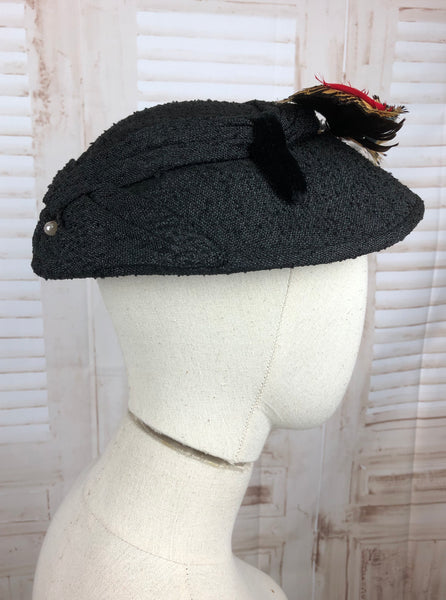 Original 1950s 50s Vintage Black Straw New Look Hat with Feathers