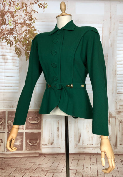 Exquisite Original 1940s Vintage Forest Green Studded And Belted Suit Blazer By Forstmann