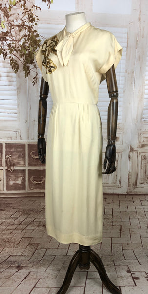 Original 1940s 40s Vintage Cream Cocktail Dress With Gold Braided Trim And Beading