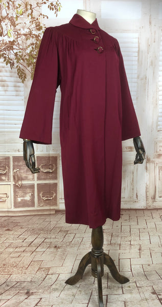 Incredible Original Late 1930s / Early 1940s Burgundy Swing Coat With incredible Hand Buttons