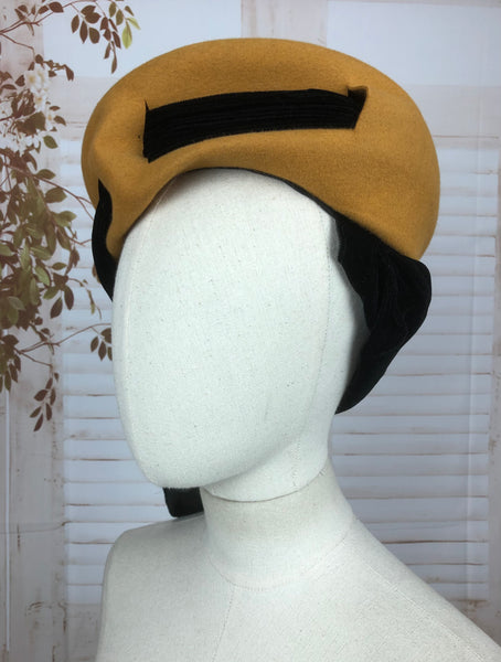 LAYAWAY PAYMENT 2 of 2 - RESERVED FOR KATIE - Rare Original 1940s 40s Vintage Mustard Yellow Felt Hat With A Black Velvet Wimple Exhibited In The Imperial War Museum