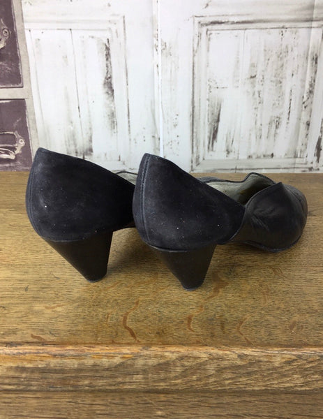 Original 1970s does 1940s Vintage Black Leather And Suede Heels With Pierced Decoration By Robert Clergerie