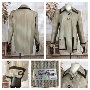 Original 1940s 40s Vintage Cream And Brown Striped Sportswear Coat