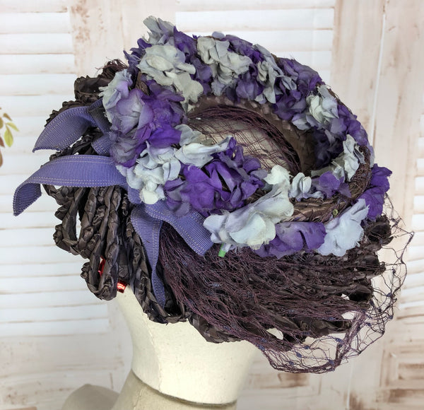Magnificent Original 1940s 40s Purple Straw And Flower Hat With Beautiful Veil By Milgrim