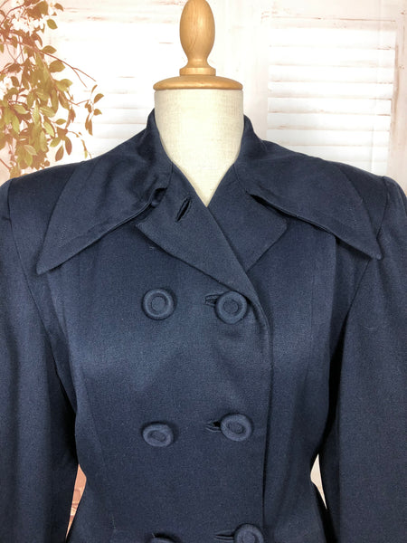 Amazing Original 1940s Vintage Navy Blue Gabardine Belt Back Princess Coat
