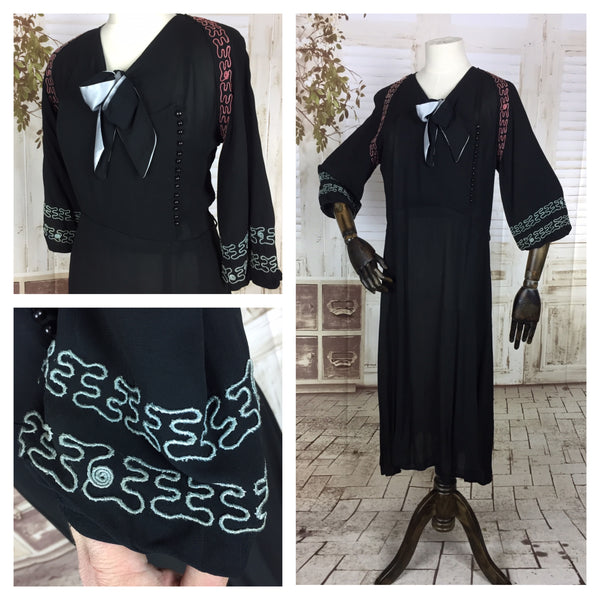 Original 1930s 30s Vintage Black Crepe Dress With Embroidered Pink And Baby Blue Soutache Decoration And Huge Bishop Sleeves