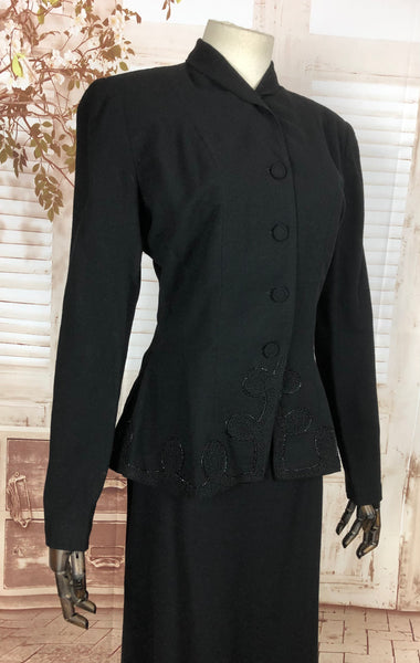 LAYAWAY PAYMENT 1 OF 3 - RESERVED FOR SABINE - Original 1940s 40s Vintage Black Femme Fatale Skirt Suit With Soutache Beaded Peplum