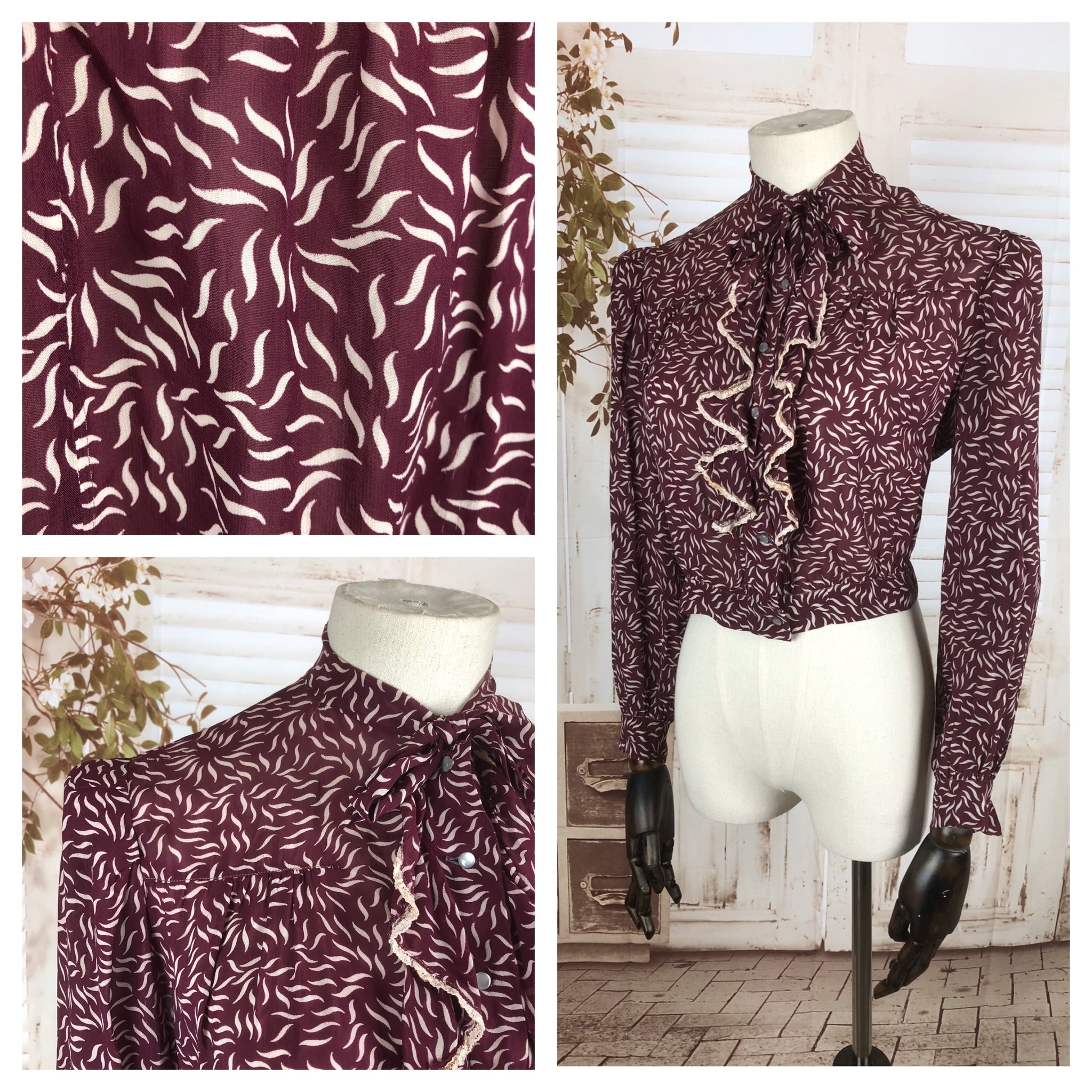 Original 1930s 30s Vintage Burgundy Printed Chiffon Blouse With Padded Shoulders And Ruffle