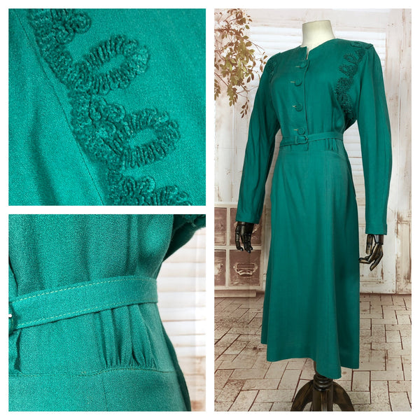 Incredibly Vibrant Original 1940s 40s Vintage Emerald Green Soutache Dress