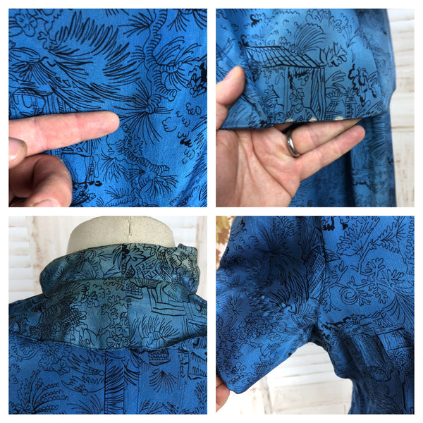 Original 1940s 40s Vintage Blue Novelty Print Rayon Dress With Matching Jacket