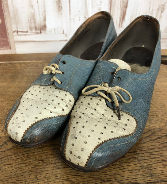 Super Rare Original Vintage 1950s Pastel Blue And White Bowling Style Wedge Heel Shoes