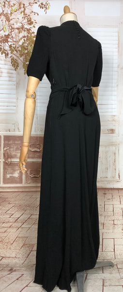 Super Rare Original 1930s Vintage Black Puff Sleeve Old Hollywood Evening Gown With Red And Gold Lamé Appliqué Embroidery By Stamp Taylor