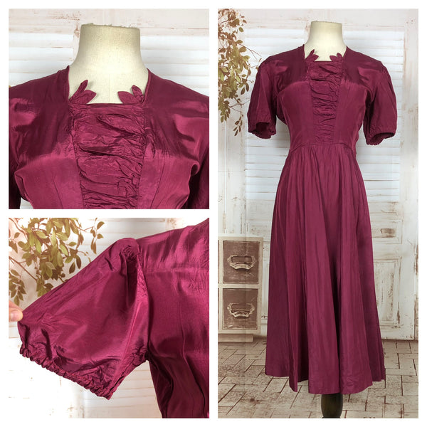 Fabulous Original 1930s Vintage Burgundy Taffeta Dress With Puff Sleeves And Stunning Neckline