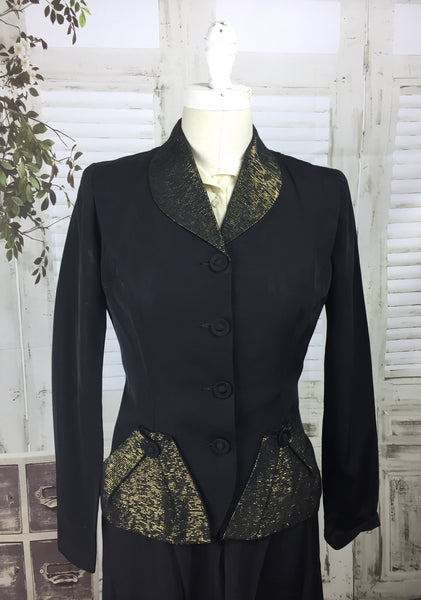 Original 1940s Black Faille Vintage Skirt Suit With Gold Lurex Collar And Pockets