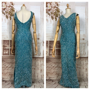 LAYAWAY PAYMENT 1 OF 5 - RESERVED FOR LINDSAY - Exceptional Original 1950s Vintage Fully Beaded Turquoise Gown Hollywood Dress Unlabelled Gene Shelly