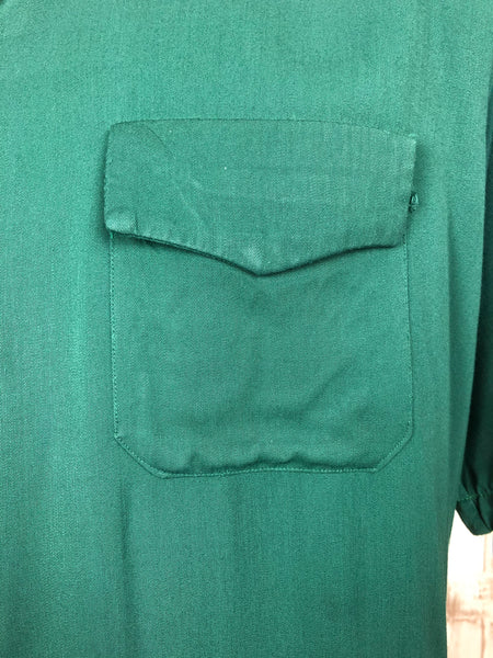 Original 1940s 40s Vintage Emerald Forest Green Gabardine Shirt By Daily Double XXL