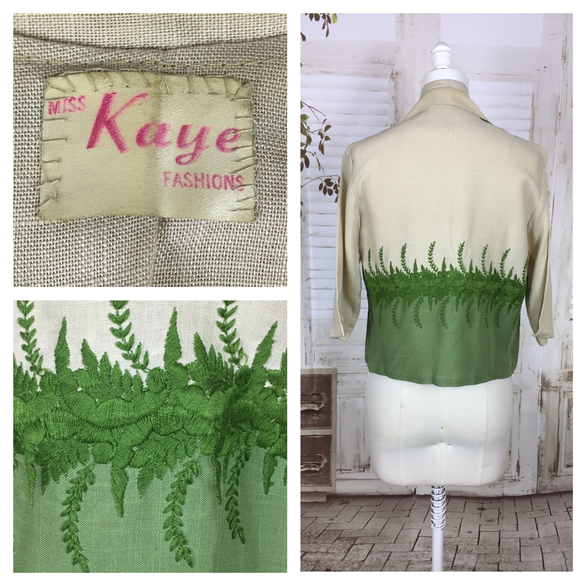Original 1950s 50s Vintage Cream And Green Linen  Jacket With Green Embroidered Leaves By Kaye Fashions