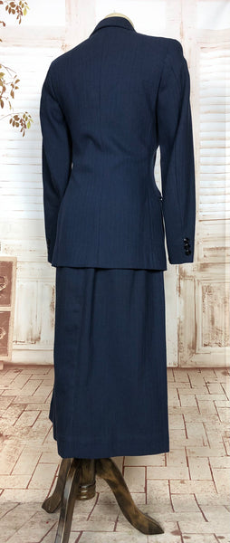 Wonderful Original 1940s Vintage Navy Blue Chalk Stripe Skirt Suit