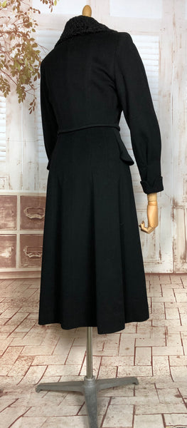 Fantastic Original Early 1940s Vintage Black Fit And Flare Princess Coat With Astrakhan Collar