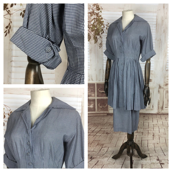 Original 1940s 40s Vintage Navy Blue And White Gingham Check Cotton Day Dress With Peplum