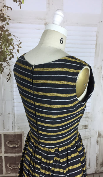 Original 1950s Black Silk Mix Dress With Silver And Gold Lurex Stripes By Trina Lewis