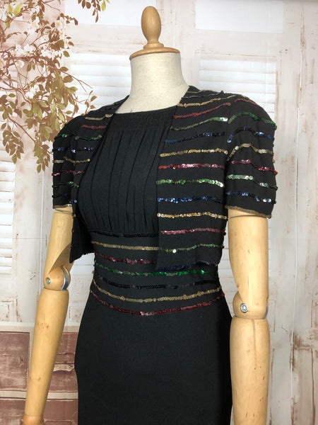 Amazing Original 1930s 30s Vintage Black Full Length Draped Evening Gown With Rainbow Sequin Stripes And Matching Bolero Jacket