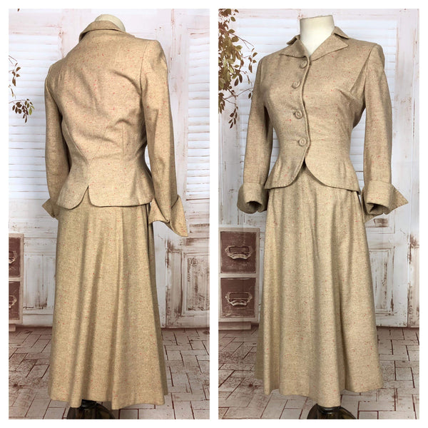 Wonderful Original Late 1940s Vintage Cream New Look Skirt Suit With Red Atomic Fleck