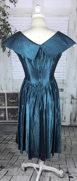 Original Vintage 1950s 50s Electric Blue Oversized Shoulder Collar Cocktail Dress