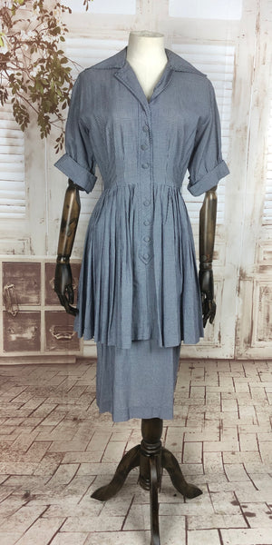 Original 1940s 40s Vintage Navy Blue And White Gingham Check Cotton Day Dress With Peplum